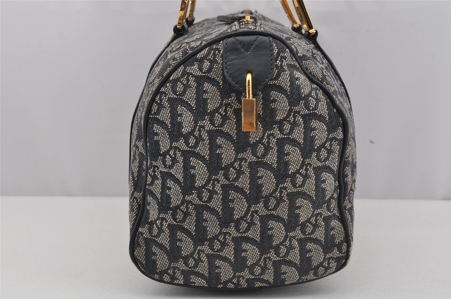 Authentic Christian Dior Trotter Hand Boston Bag Canvas Leather Navy Blue 4001J