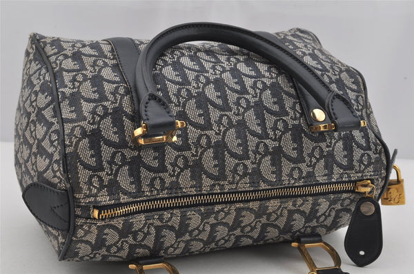 Authentic Christian Dior Trotter Hand Boston Bag Canvas Leather Navy Blue 4001J
