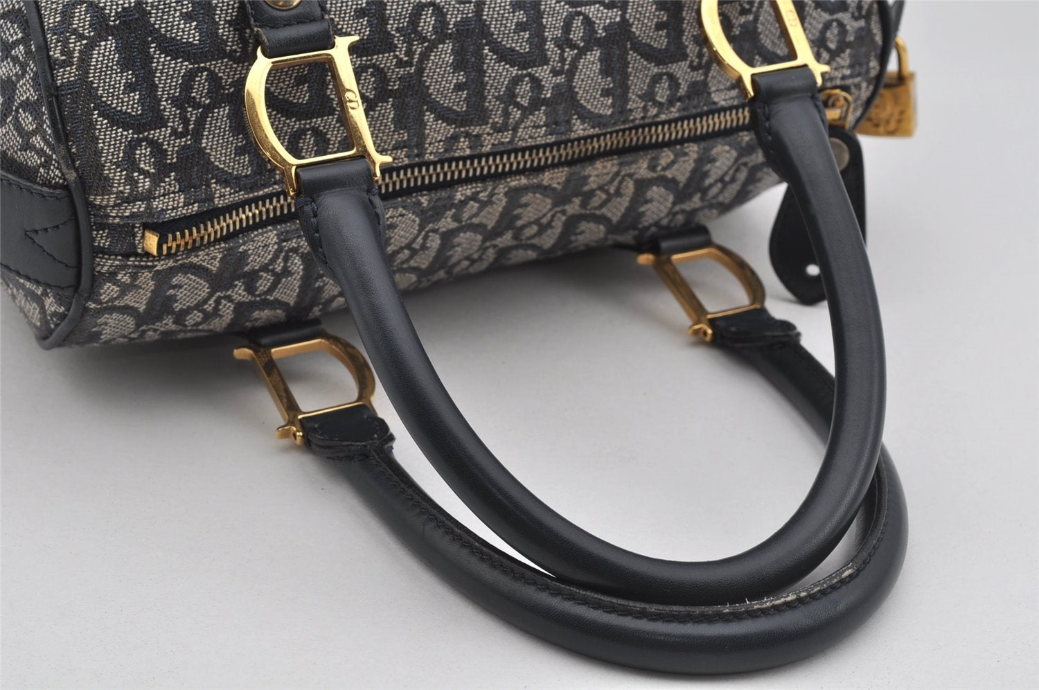 Authentic Christian Dior Trotter Hand Boston Bag Canvas Leather Navy Blue 4001J