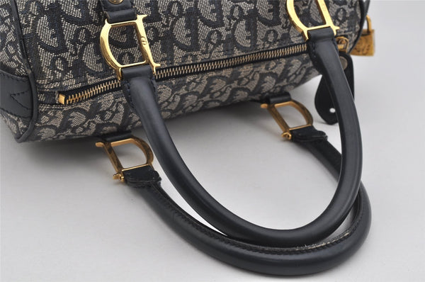Authentic Christian Dior Trotter Hand Boston Bag Canvas Leather Navy Blue 4001J