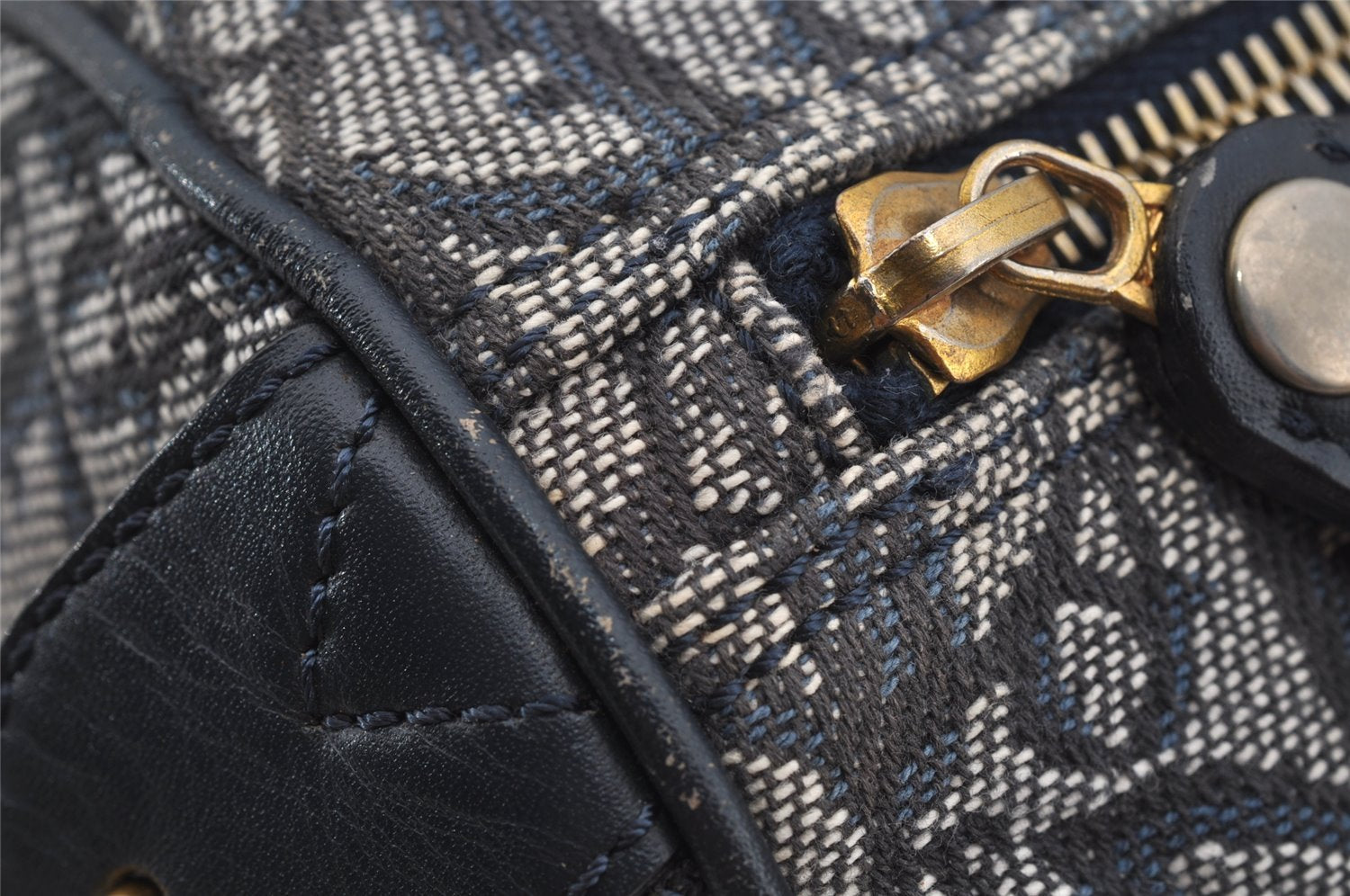 Authentic Christian Dior Trotter Hand Boston Bag Canvas Leather Navy Blue 4001J