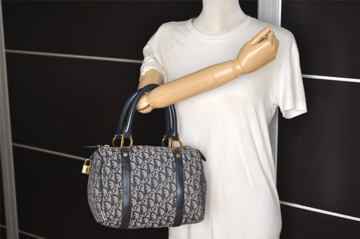 Authentic Christian Dior Trotter Hand Boston Bag Canvas Leather Navy Blue 4001J