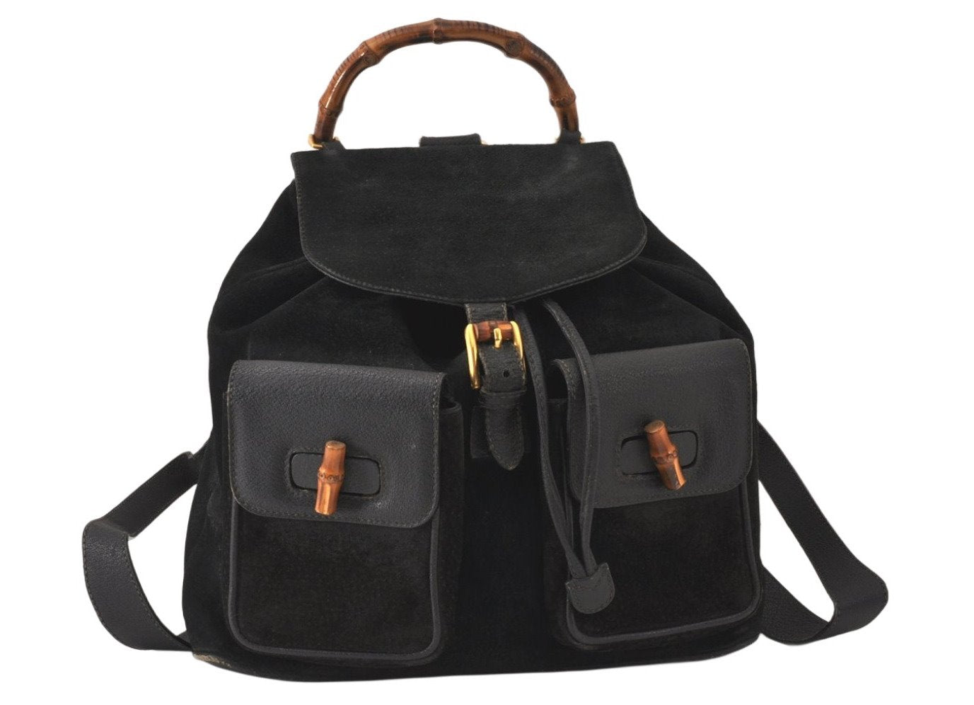 Authentic GUCCI Vintage Bamboo Drawstring Backpack Suede Leather Black 4001K