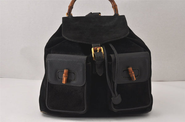 Authentic GUCCI Vintage Bamboo Drawstring Backpack Suede Leather Black 4001K