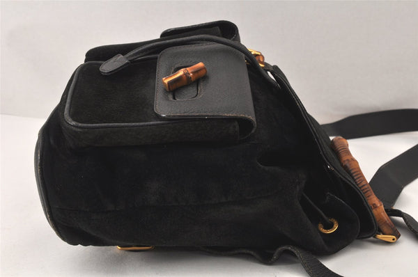 Authentic GUCCI Vintage Bamboo Drawstring Backpack Suede Leather Black 4001K