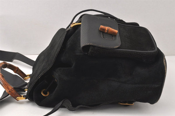 Authentic GUCCI Vintage Bamboo Drawstring Backpack Suede Leather Black 4001K