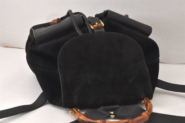 Authentic GUCCI Vintage Bamboo Drawstring Backpack Suede Leather Black 4001K