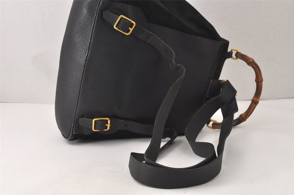 Authentic GUCCI Vintage Bamboo Drawstring Backpack Suede Leather Black 4001K
