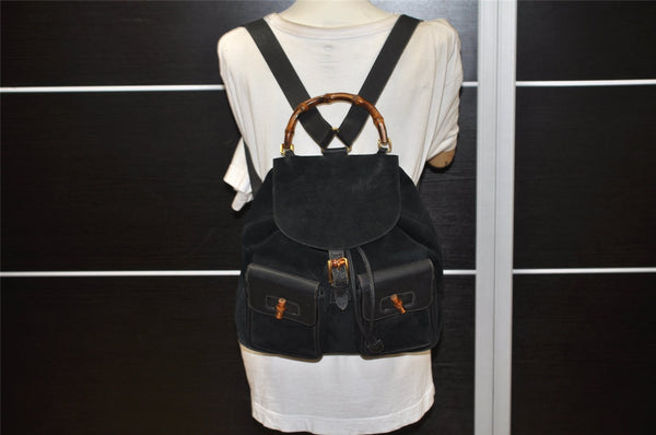 Authentic GUCCI Vintage Bamboo Drawstring Backpack Suede Leather Black 4001K