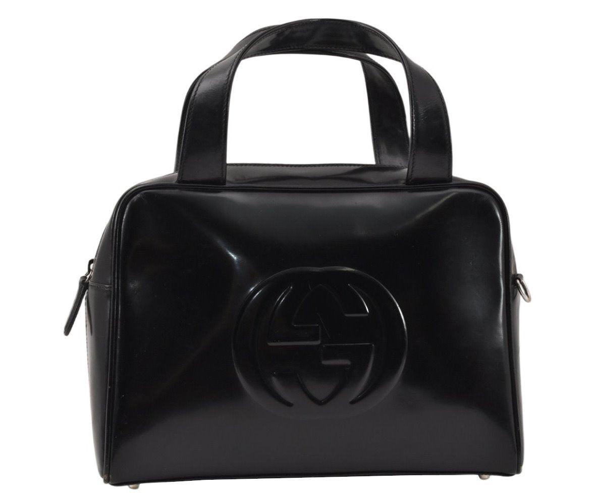 Authentic GUCCI Interlocking G 2Way Hand Bag Purse Enamel Black Junk 4003K