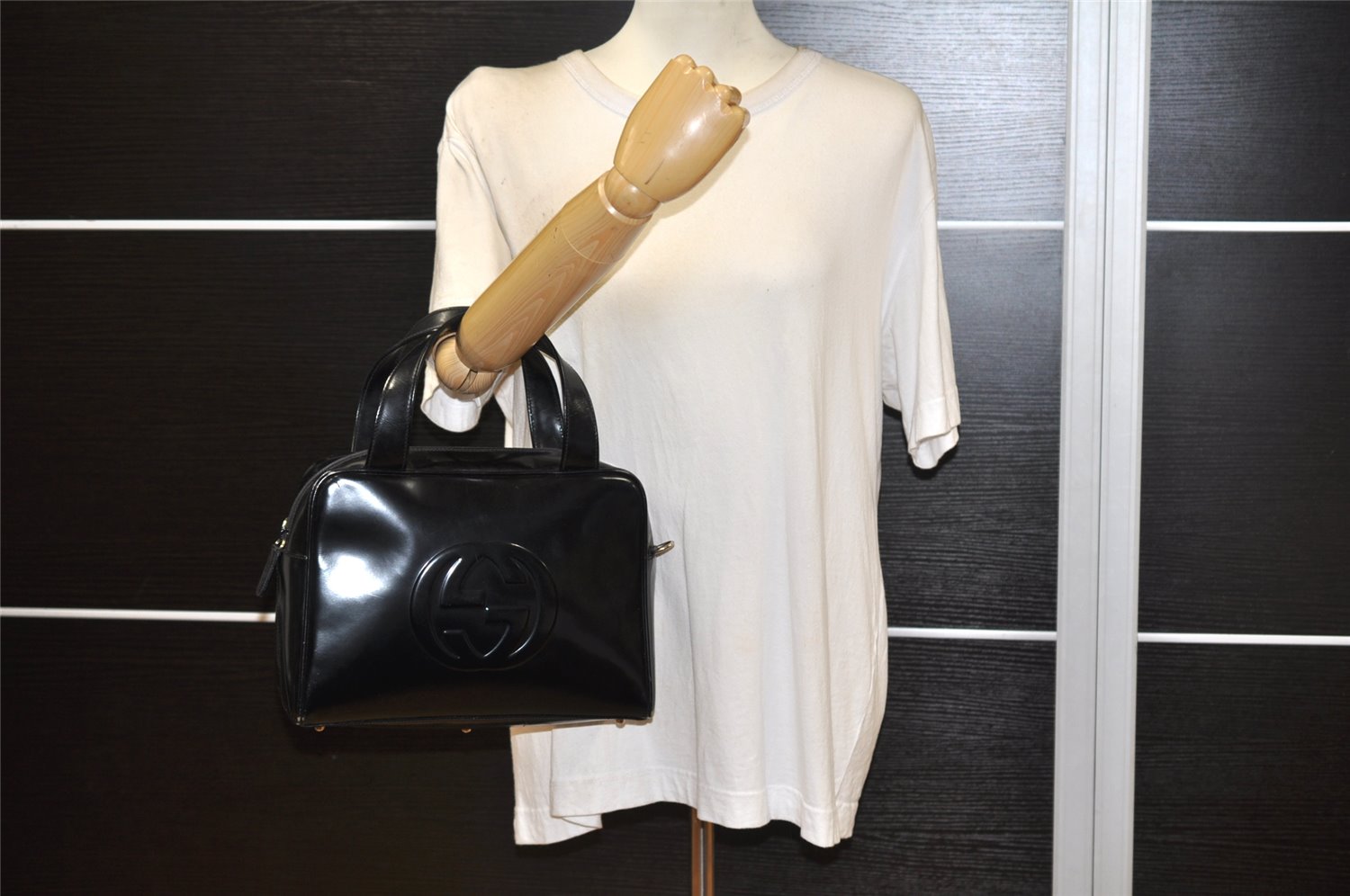 Authentic GUCCI Interlocking G 2Way Hand Bag Purse Enamel Black Junk 4003K