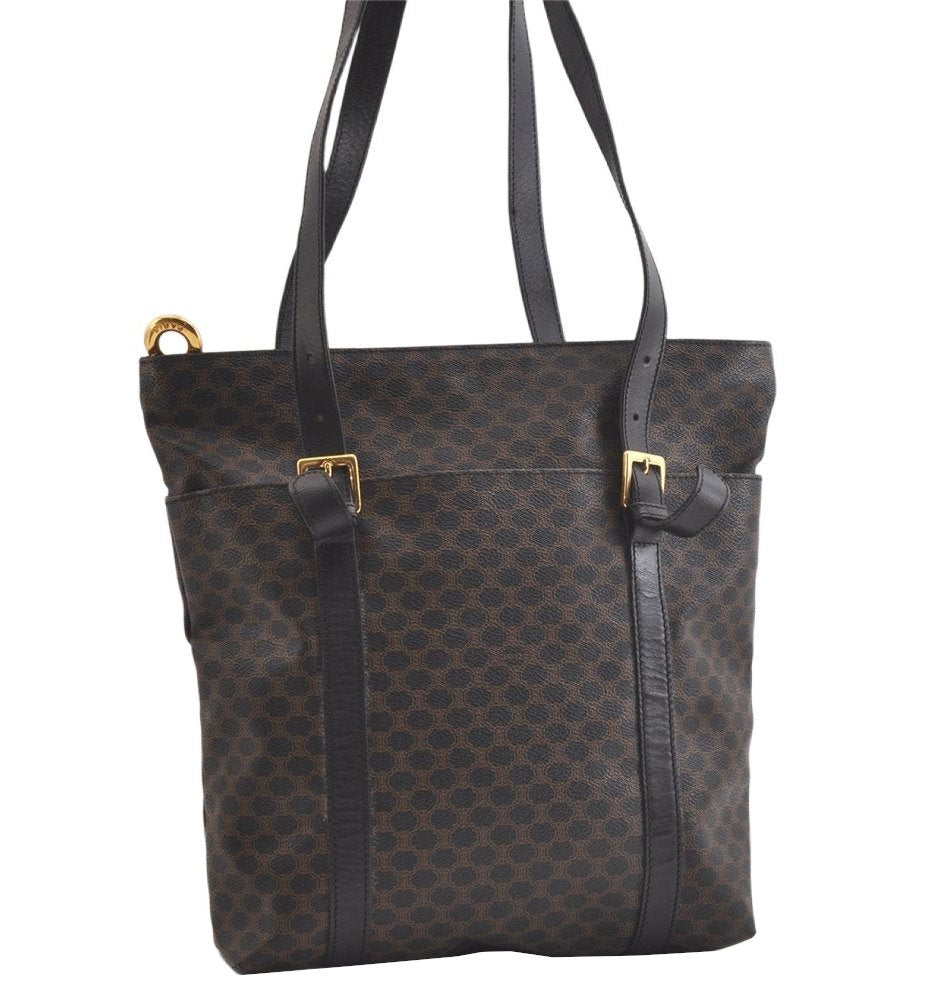 Authentic CELINE Macadam Blason Shoulder Tote Bag PVC Leather Black 4006K