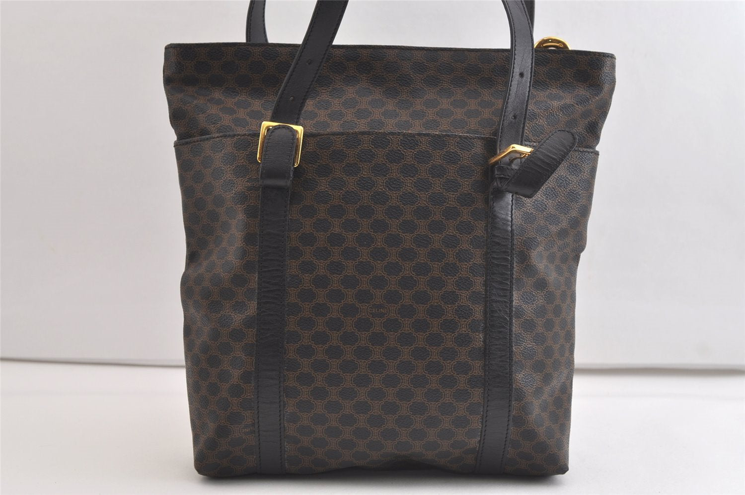 Authentic CELINE Macadam Blason Shoulder Tote Bag PVC Leather Black 4006K