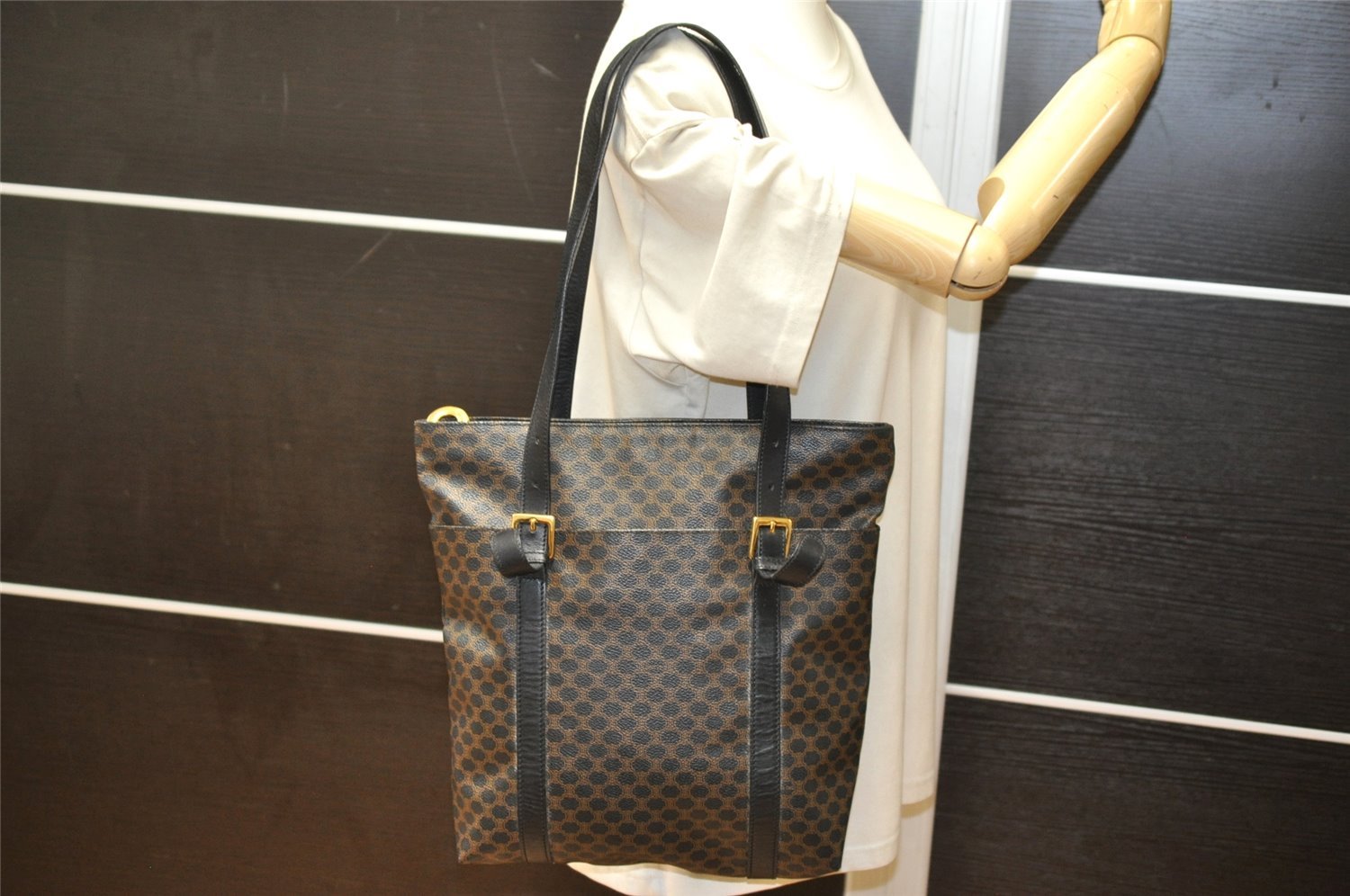 Authentic CELINE Macadam Blason Shoulder Tote Bag PVC Leather Black 4006K