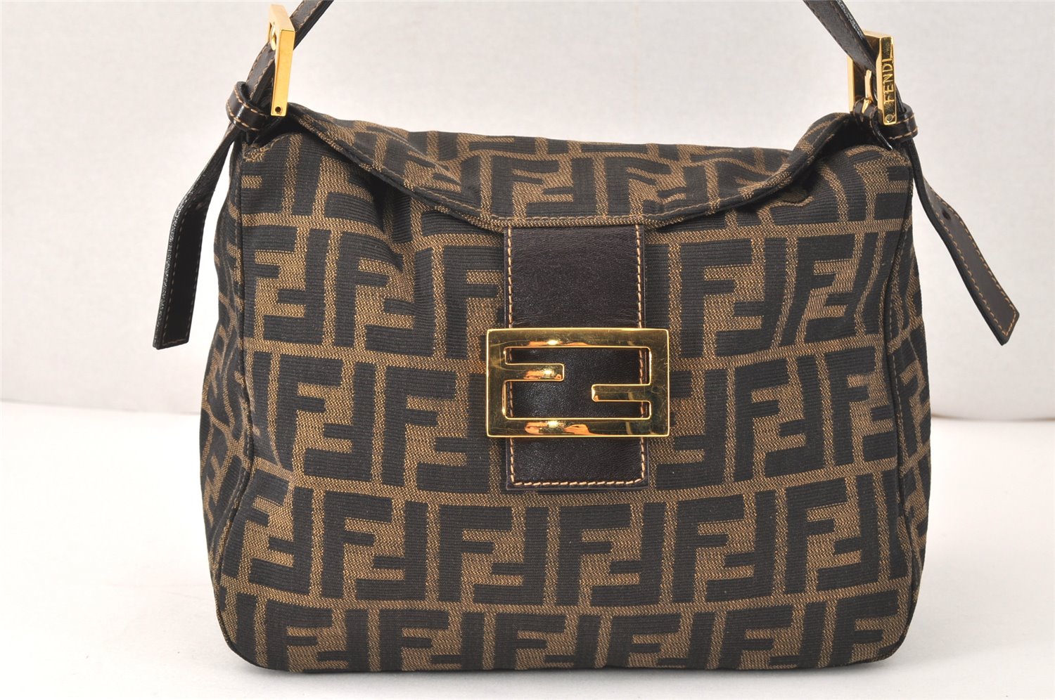 Authentic FENDI Zucca Mamma Baguette Shoulder Bag Canvas Leather Brown 4008K