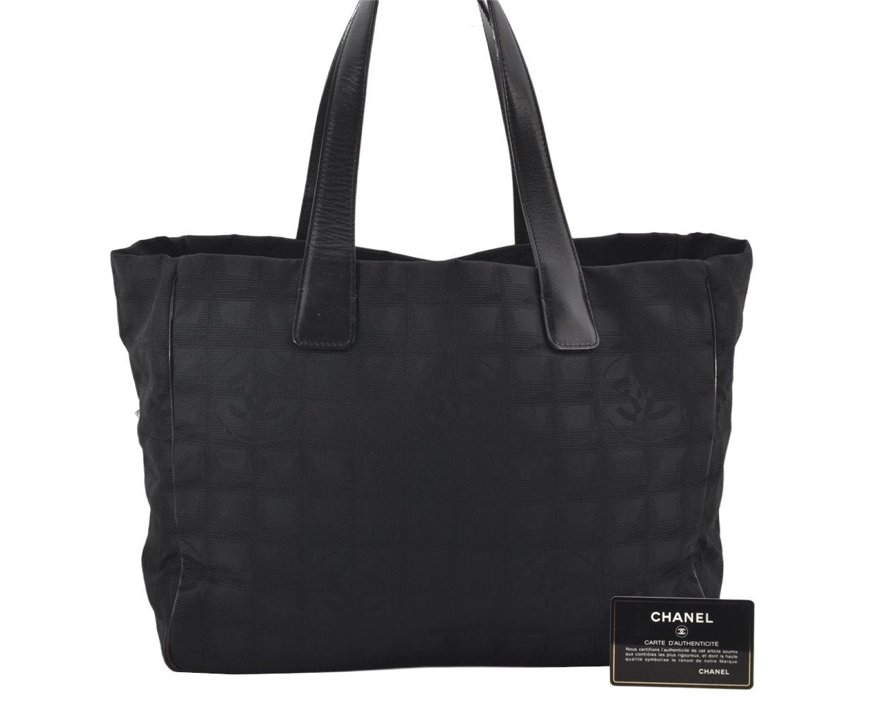 Authentic CHANEL New Travel Line Tote Bag Nylon Leather Black Junk 4013K