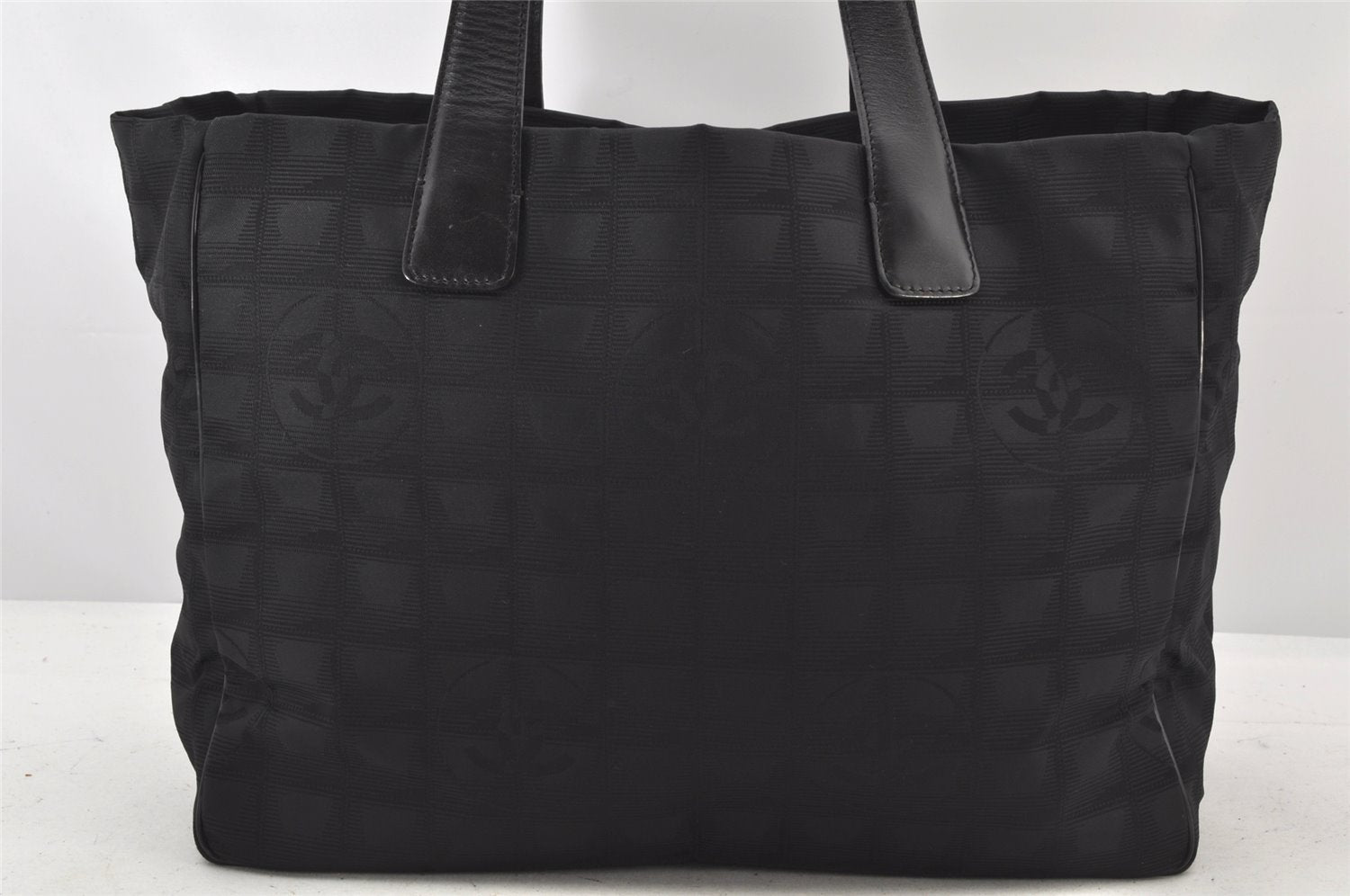 Authentic CHANEL New Travel Line Tote Bag Nylon Leather Black Junk 4013K
