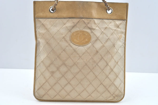 Authentic CHANEL Lamb Skin Matelasse Chain Shoulder Tote Bag Beige CC 4017J