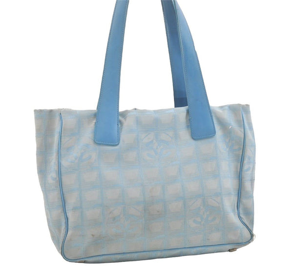 Authentic CHANEL New Travel Line Shoulder Hand Tote Bag Nylon Leather Blue 4018J