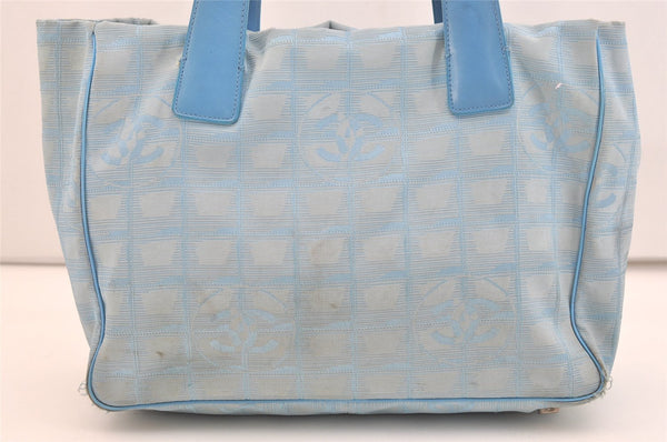 Authentic CHANEL New Travel Line Shoulder Hand Tote Bag Nylon Leather Blue 4018J