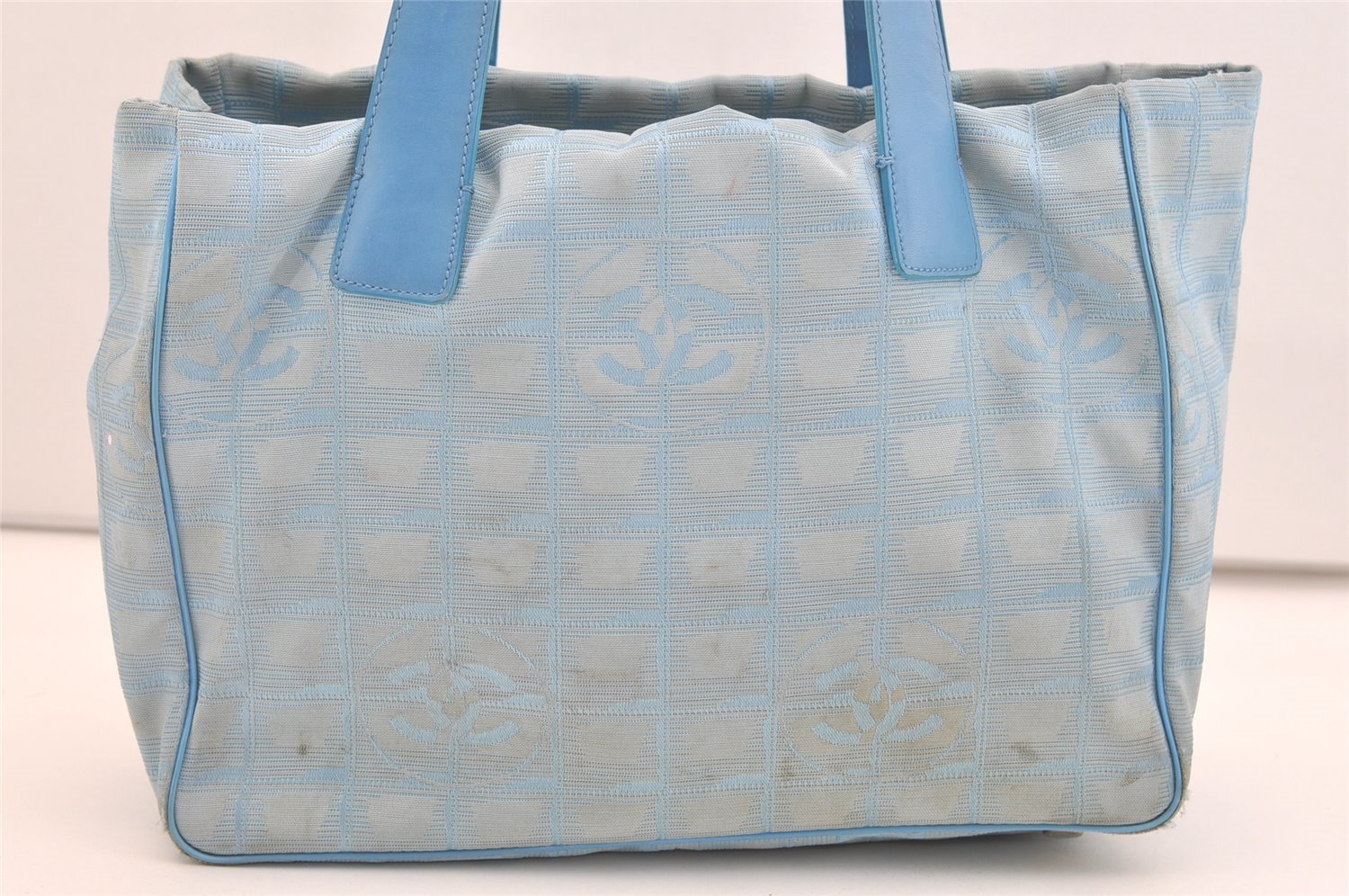 Authentic CHANEL New Travel Line Shoulder Hand Tote Bag Nylon Leather Blue 4018J