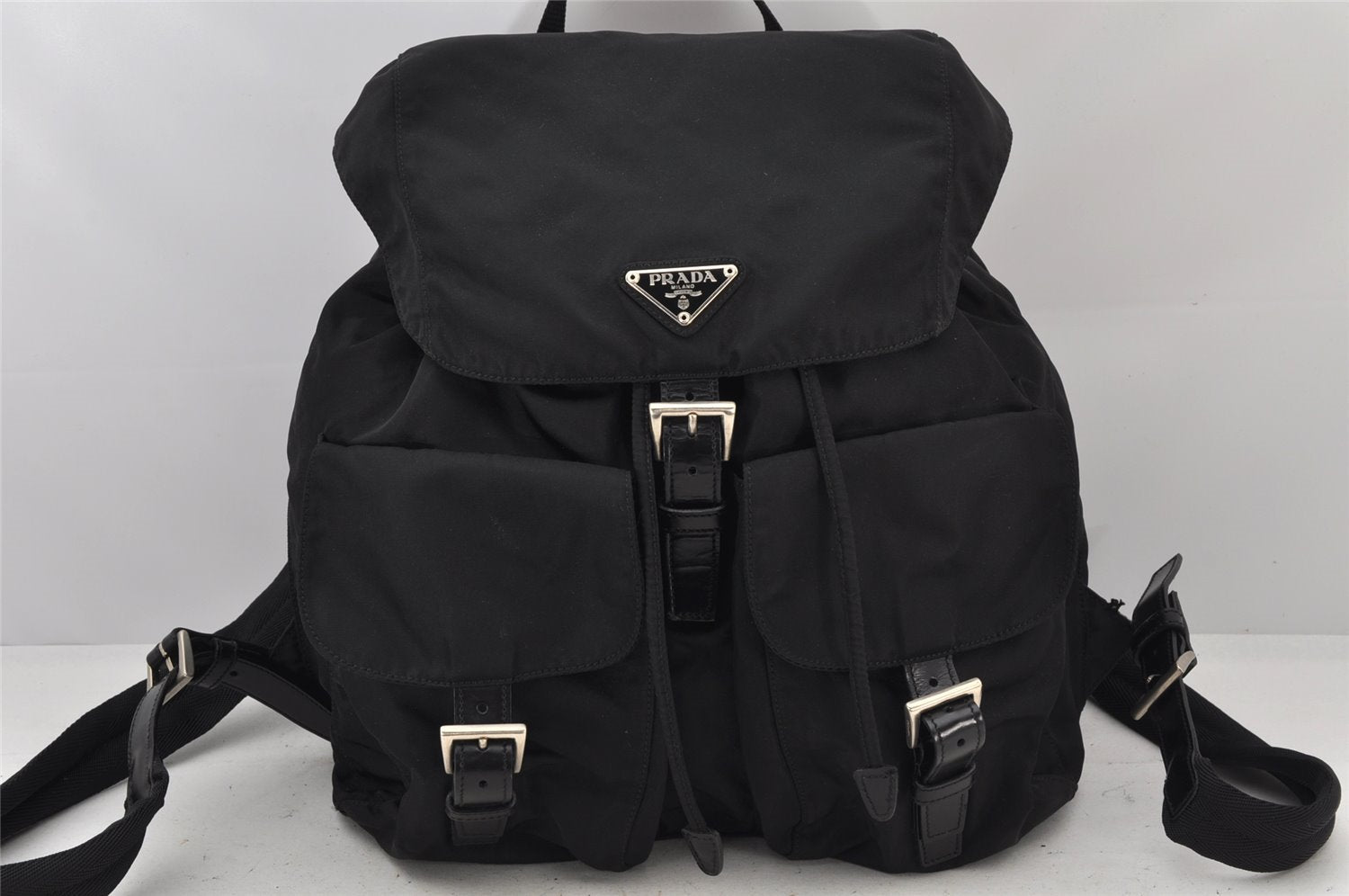 Auth PRADA Vela Nylon Tessuto Leather Drawstring Backpack B2811 Black Junk 4019K