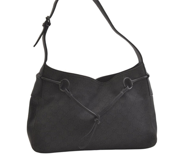 Authentic GUCCI Vintage Horsebit Shoulder Bag GG Canvas Leather Black 4020K