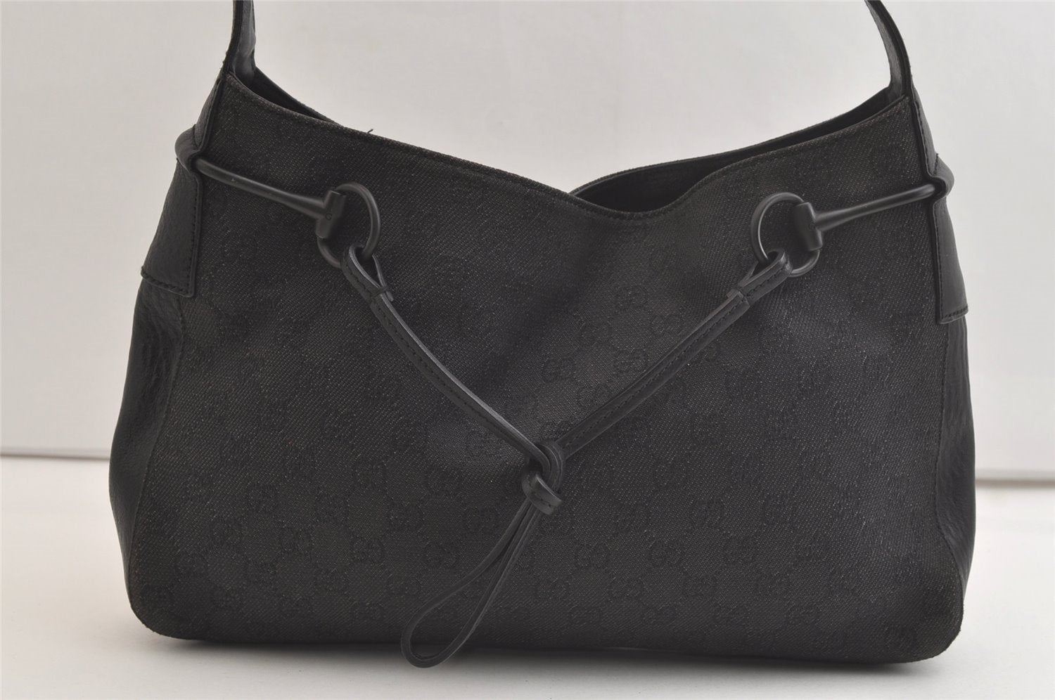 Authentic GUCCI Vintage Horsebit Shoulder Bag GG Canvas Leather Black 4020K