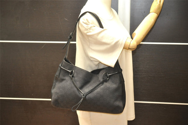 Authentic GUCCI Vintage Horsebit Shoulder Bag GG Canvas Leather Black 4020K