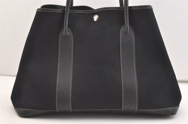 Authentic HERMES Garden Party MM Shoulder Tote Bag Canvas Leather Black 4021J