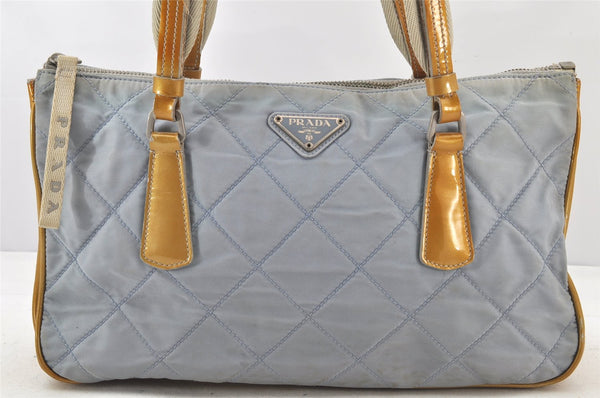 Authentic PRADA Nylon Tessuto Enamel Shoulder Tote Bag Blue Gray 4023K