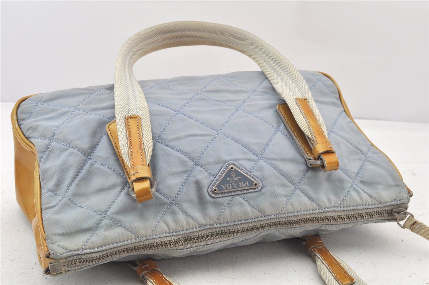 Authentic PRADA Nylon Tessuto Enamel Shoulder Tote Bag Blue Gray 4023K