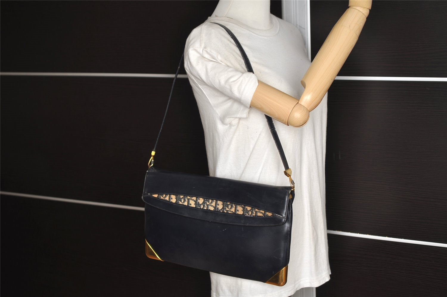 Authentic Christian Dior Trotter Shoulder Bag Purse Leather Canvas Navy 4029J