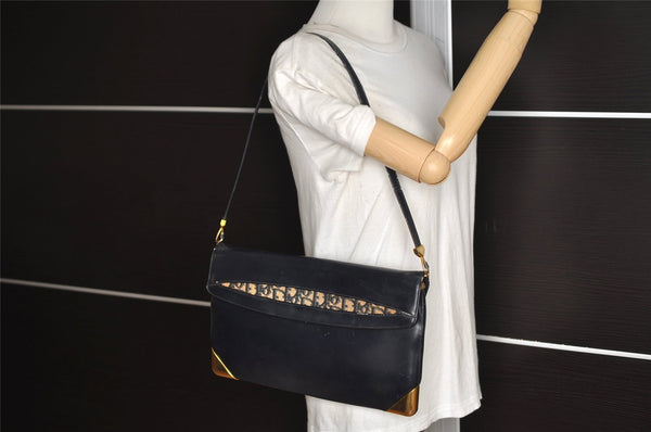 Authentic Christian Dior Trotter Shoulder Bag Purse Leather Canvas Navy 4029J