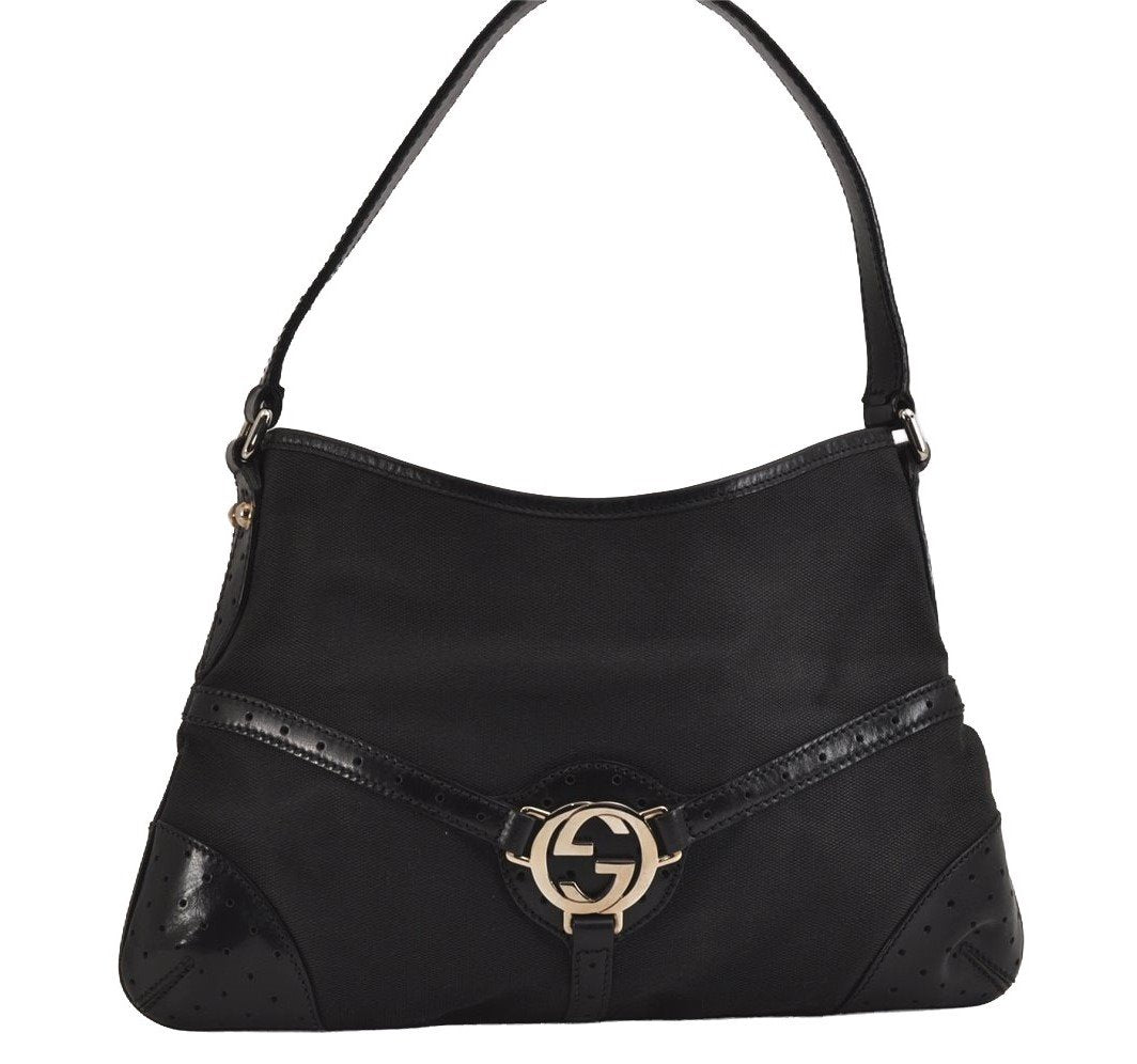 Authentic GUCCI Interlocking G Shoulder Hand Bag Canvas Leather Black 4033J