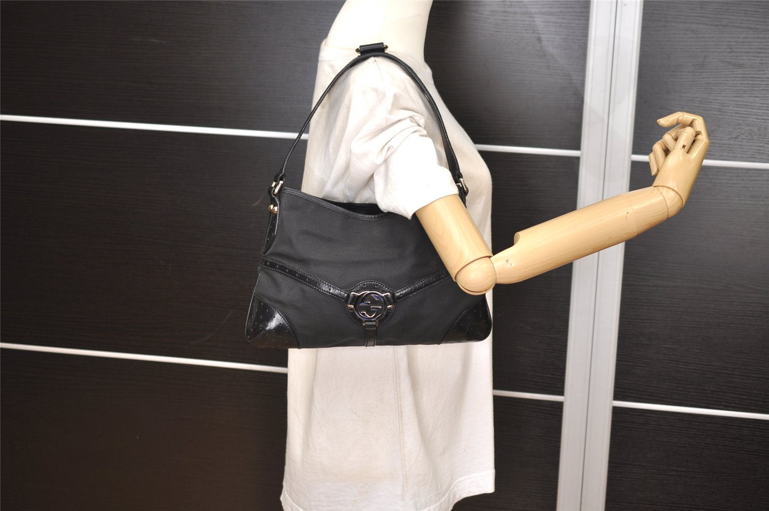 Authentic GUCCI Interlocking G Shoulder Hand Bag Canvas Leather Black 4033J