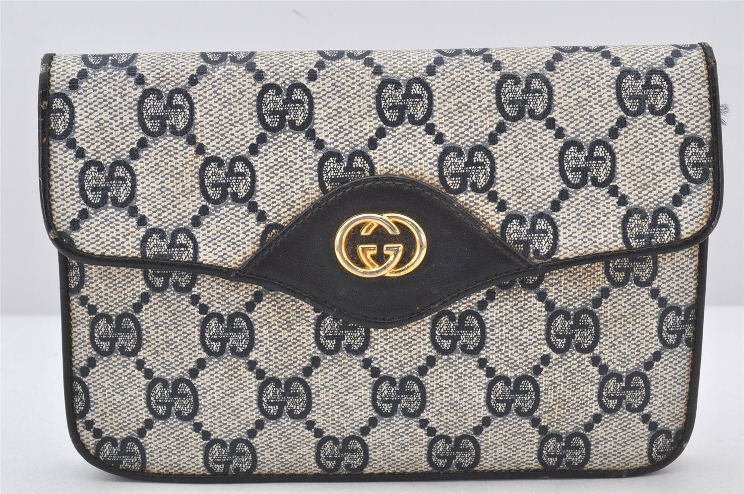 Authentic GUCCI Shoulder Clutch Bag Purse GG PVC Leather Navy Blue Junk 4035K