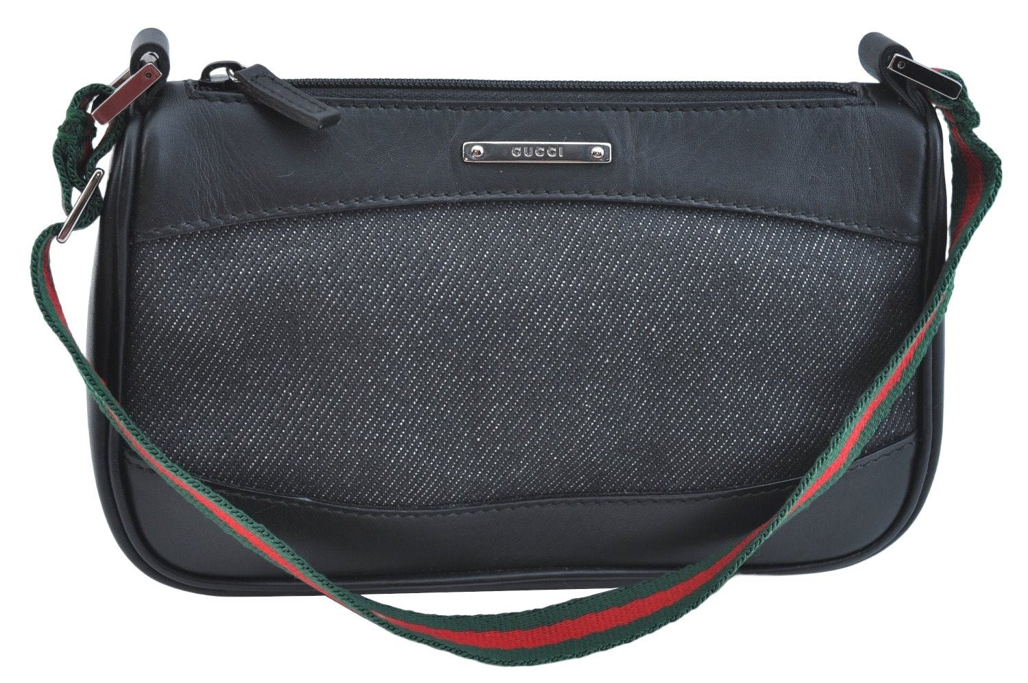 Authentic GUCCI Web Sherry Line Hand Bag Pouch Canvas Leather 92821 Black 4040I