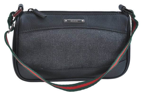 Authentic GUCCI Web Sherry Line Hand Bag Pouch Canvas Leather 92821 Black 4040I