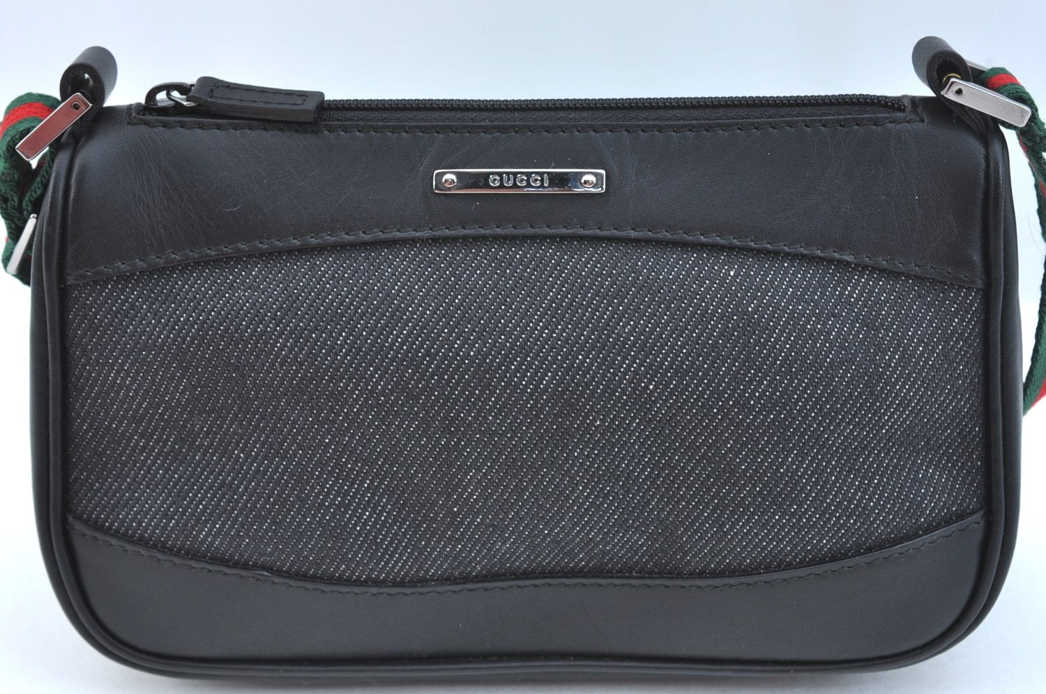 Authentic GUCCI Web Sherry Line Hand Bag Pouch Canvas Leather 92821 Black 4040I