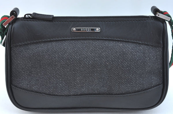 Authentic GUCCI Web Sherry Line Hand Bag Pouch Canvas Leather 92821 Black 4040I