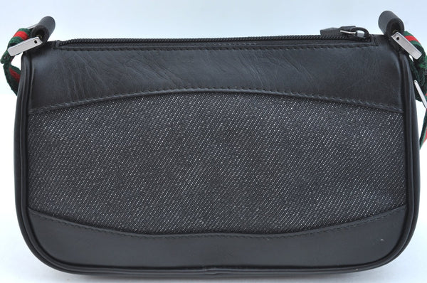 Authentic GUCCI Web Sherry Line Hand Bag Pouch Canvas Leather 92821 Black 4040I