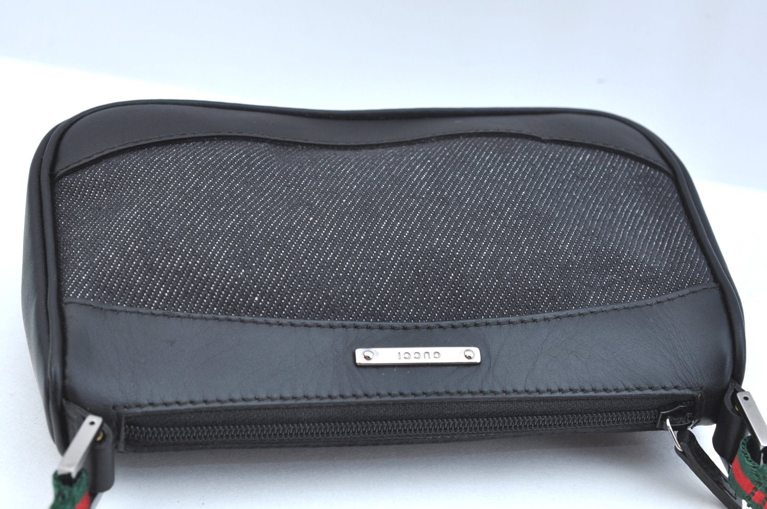 Authentic GUCCI Web Sherry Line Hand Bag Pouch Canvas Leather 92821 Black 4040I