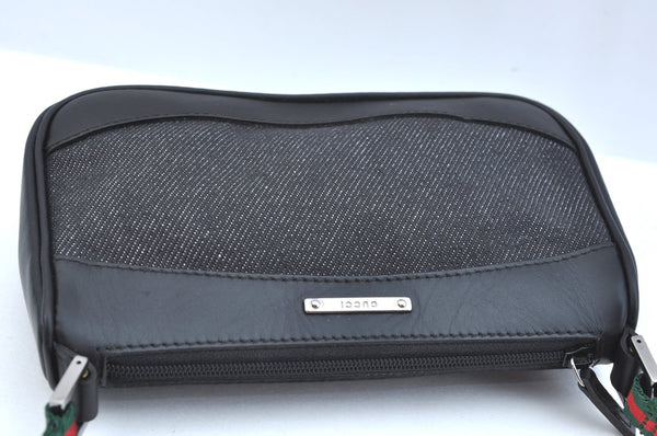 Authentic GUCCI Web Sherry Line Hand Bag Pouch Canvas Leather 92821 Black 4040I
