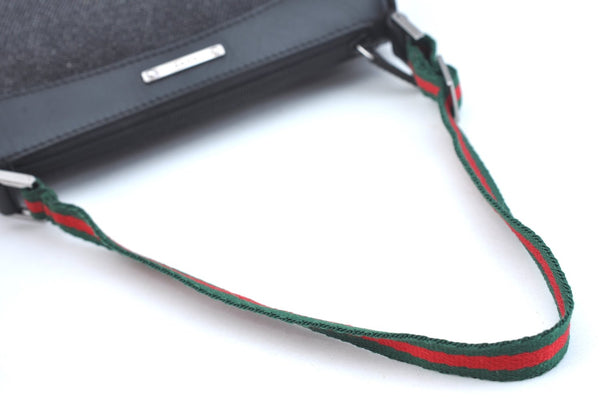 Authentic GUCCI Web Sherry Line Hand Bag Pouch Canvas Leather 92821 Black 4040I