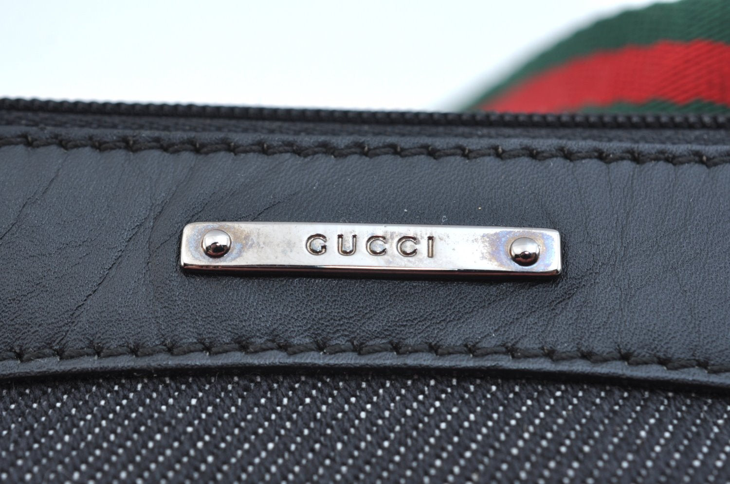 Authentic GUCCI Web Sherry Line Hand Bag Pouch Canvas Leather 92821 Black 4040I