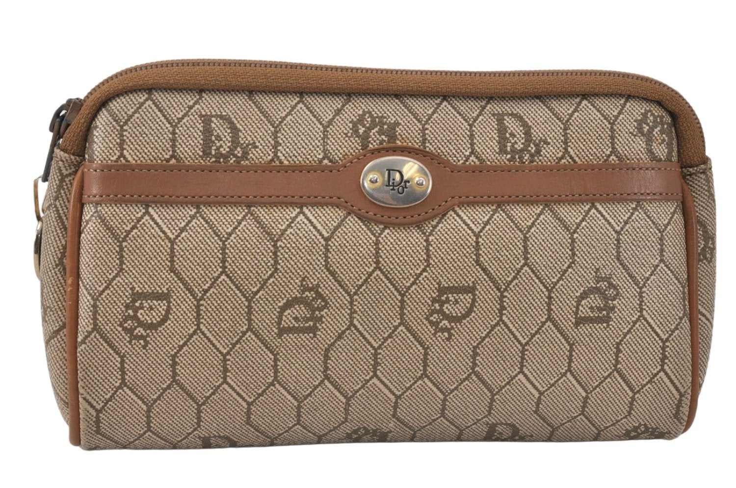 Authentic Christian Dior Honeycomb Pouch Purse PVC Leather Brown 4042K
