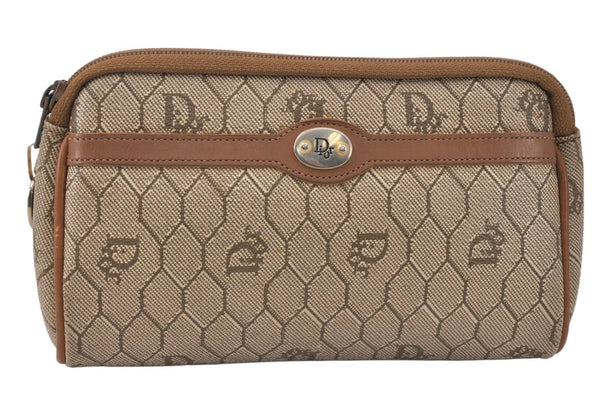 Authentic Christian Dior Honeycomb Pouch Purse PVC Leather Brown 4042K