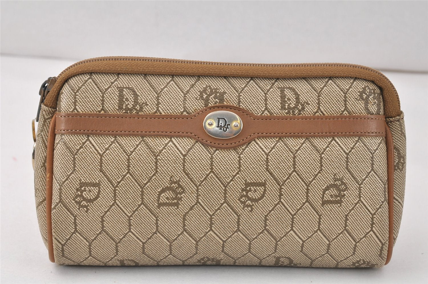 Authentic Christian Dior Honeycomb Pouch Purse PVC Leather Brown 4042K