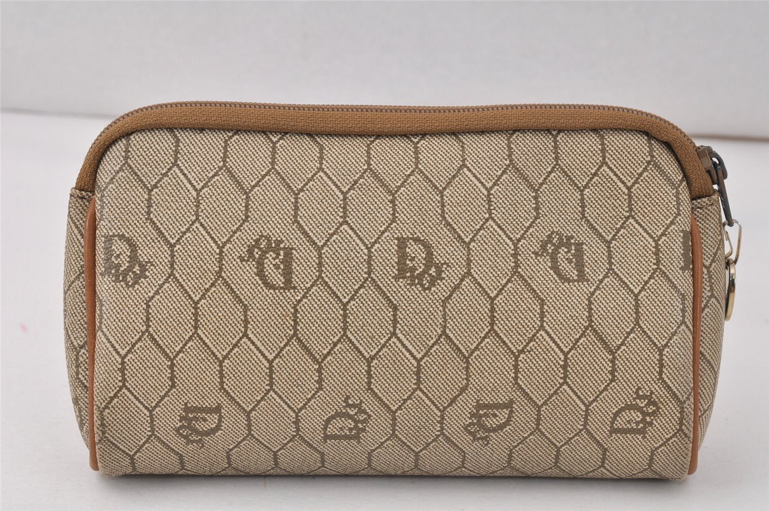 Authentic Christian Dior Honeycomb Pouch Purse PVC Leather Brown 4042K